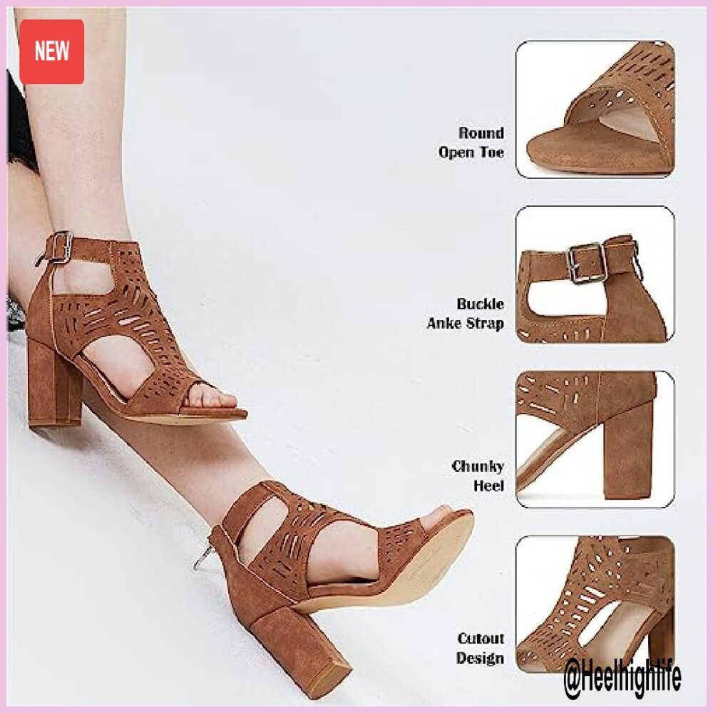 Chunky Heeled Sandals 3.14" Block Heel Bohemian Cutout Open Toe Summer - Picture 5 of 8